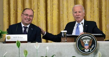 President Joe Biden (R) and Prime Minister of the Cook Islands Mark Brown participate in the Pacific Islands Forum (PIF) at the White House. Biden stumbled over the acronym for an infrastructure initiative, but quickly moved on