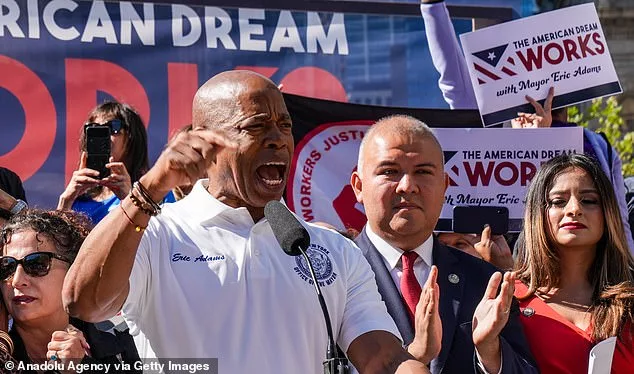 Mayor Eric Adams has declared a state of emergency. The New York City Mayor is pictured  at a rally calling for expedited work authorisation for asylum seekers in New York, August 31