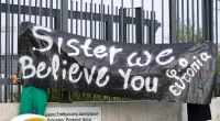A banner put up outside the Famagusta district court