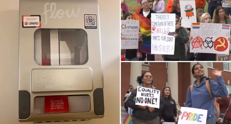 Clemson students march over TAMPONS being removed from men's bathroom