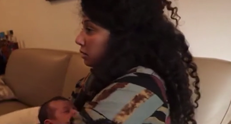 Shaylee Atary holding her newborn daughter Shaya, moments before she finds out her husband was killed by Hamas militants in the Kfar Aza rampage