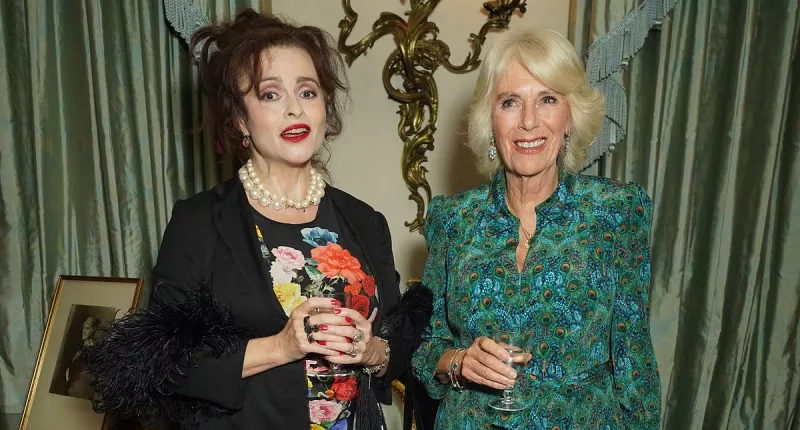 Helena Bonham Carter curtsies to Queen Camilla at Clarence House