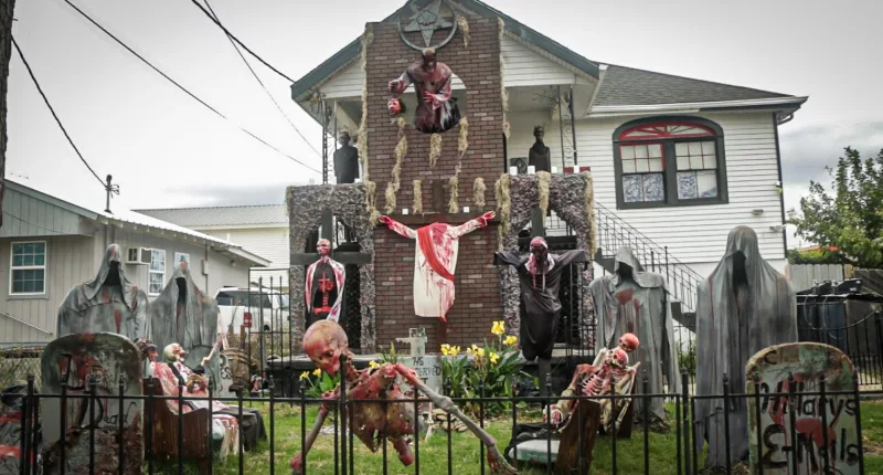 Halloween lover Vic Moriana, 34, has built out an elaborate, graphic display for the holiday at his home in Metairie, Louisiana