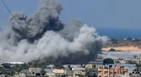 Smoke billows after an Israeli air strike in Rafah in the southern Gaza Strip