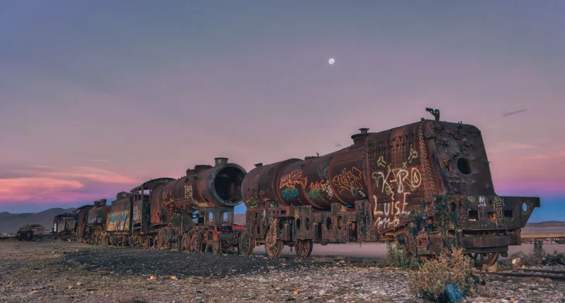 Haunting footage shows a graveyard of abandoned trains left to rust in Bolivia
