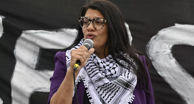 Rashida Tlaib outside the Capitol Building in Washington DC, United States on October 18, 2023, to advocate for a halt in hostilities in Gaza