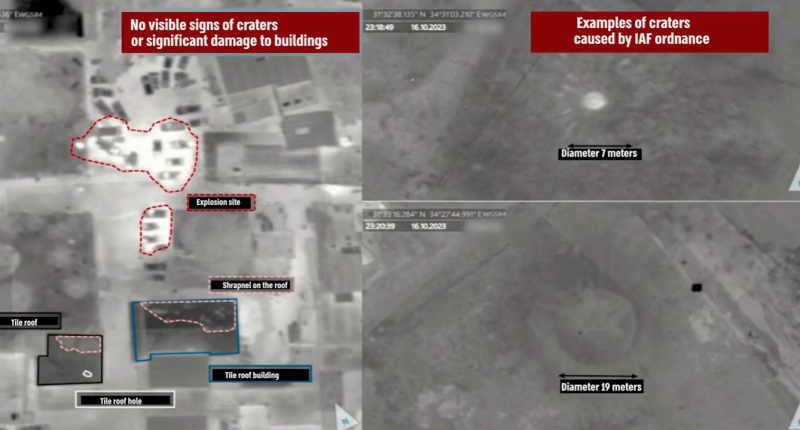 The Israel Defence Forces released drone pictures of the al-Alhi Hospital before and after the explosion