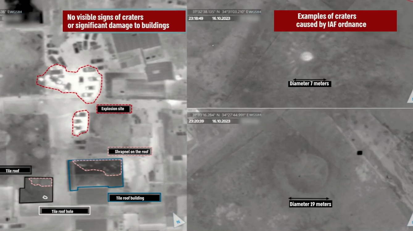 The Israel Defence Forces released drone pictures of the al-Alhi Hospital before and after the explosion