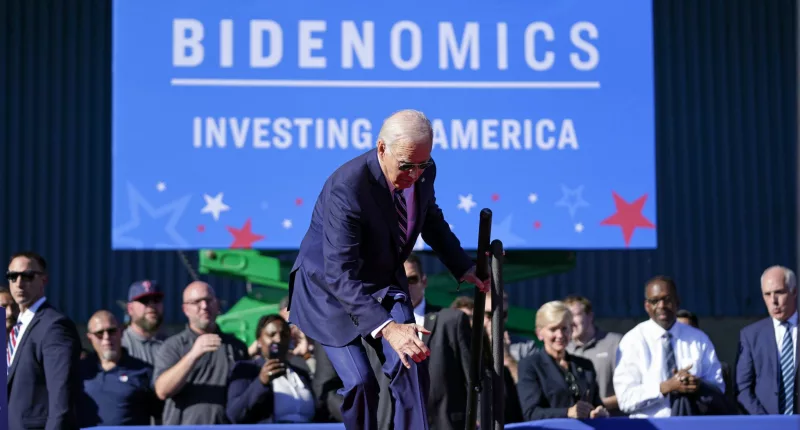 President Joe Biden stumbled as he walked on stage to speak at Tioga Marine Terminal in Philadelphia on Friday