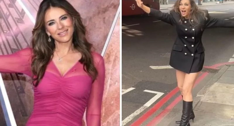 Liz Hurley puts on ageless display as she flaunts long legs in tiny blazer dress
