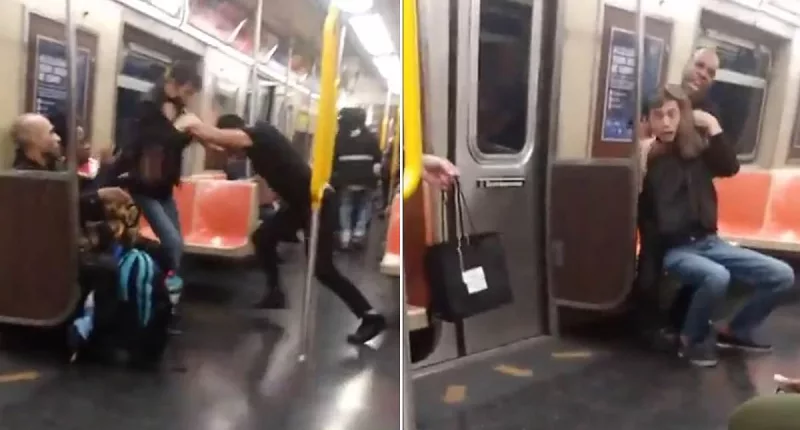 Moment man is put in CHOKEHOLD after getting into fight on NYC subway
