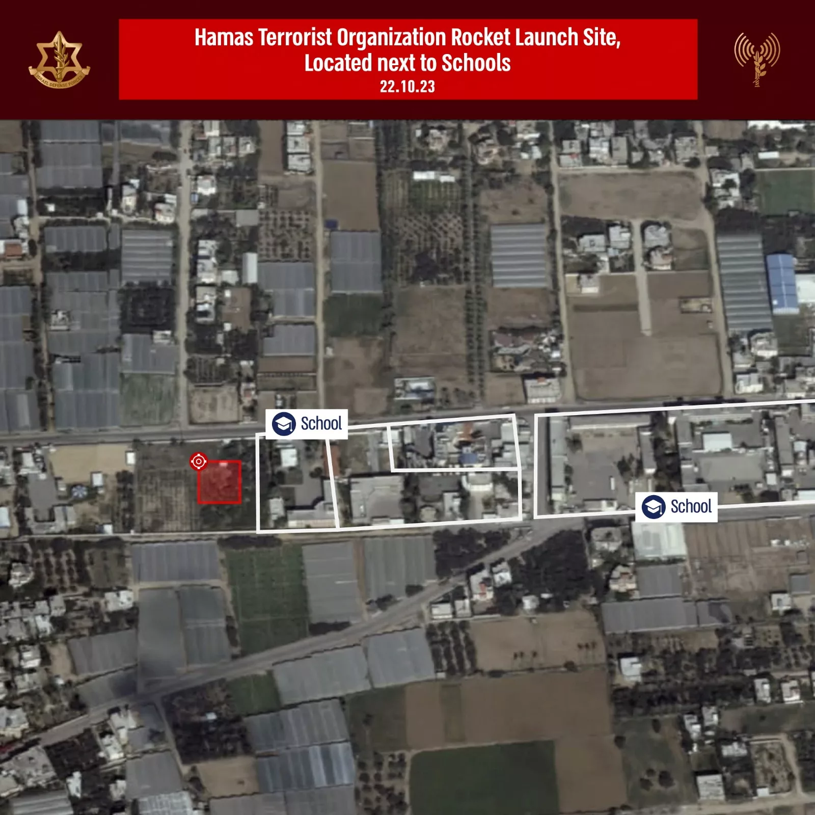 The image appears to reveal site of a rocket launcher next to two Gazan schools