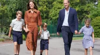 Prince George, Kate Middleton, Prince Louis, Prince William and Princess Charlotte walk into Lambrook School, near Ascot on September 7, 2022 in Bracknell, England.