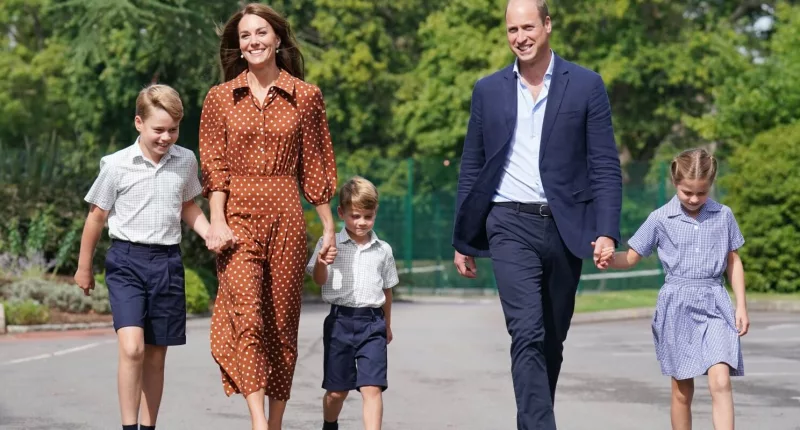 Prince George, Kate Middleton, Prince Louis, Prince William and Princess Charlotte walk into Lambrook School, near Ascot on September 7, 2022 in Bracknell, England.