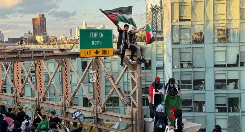 Pro-Palestinian protesters scale part of Brooklyn Bridge, force shutdown of iconic NYC artery
