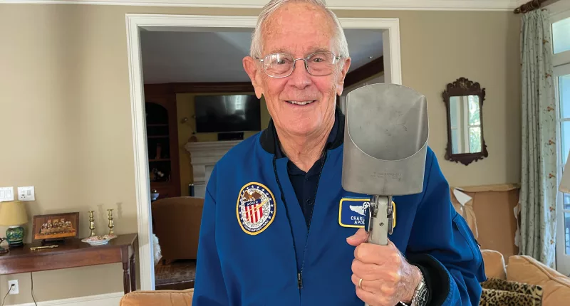 Astronaut Charlie Duke with the shovel he kept for 51 years but has now sold