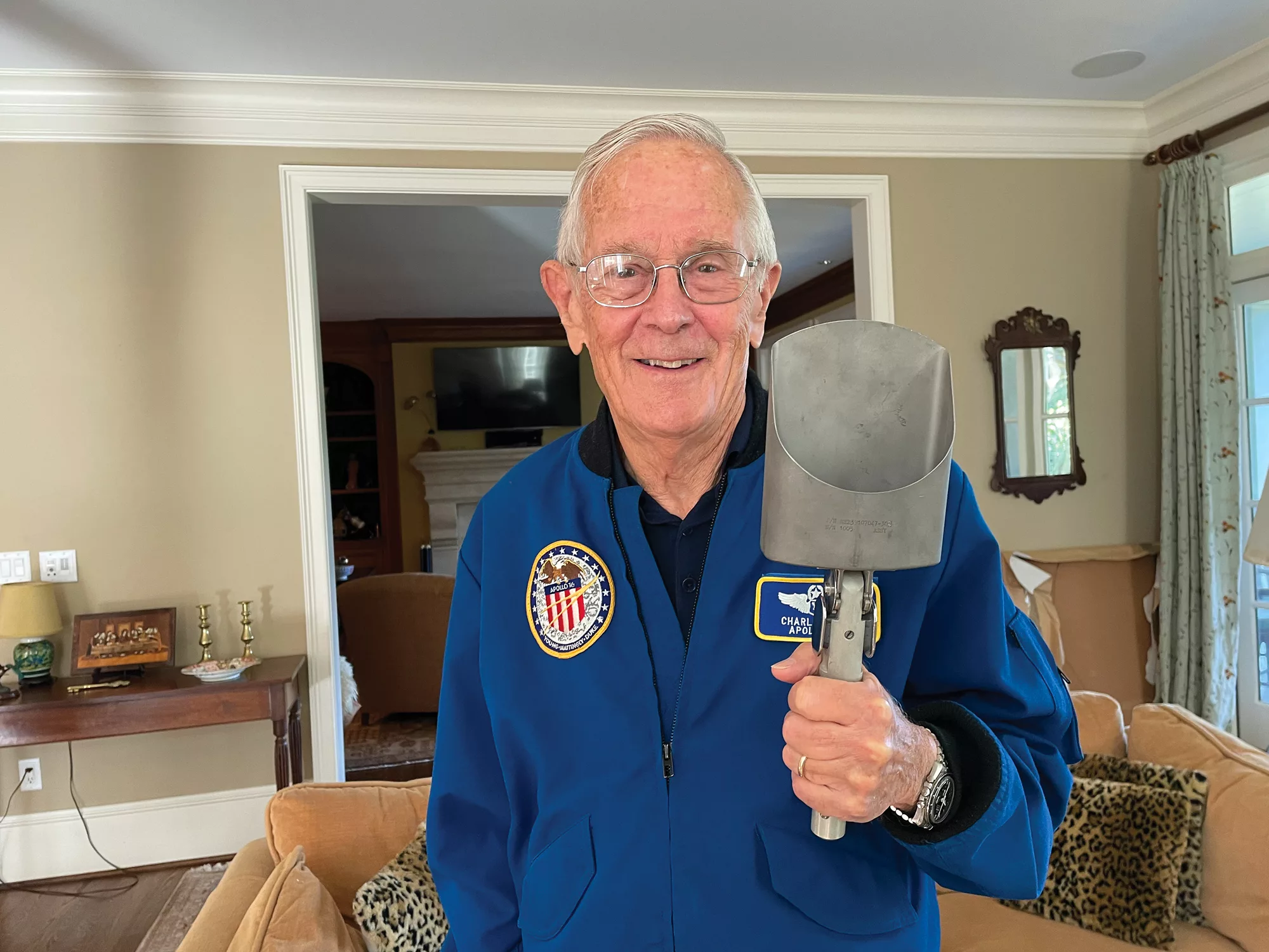 Astronaut Charlie Duke with the shovel he kept for 51 years but has now sold