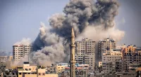 Smoke plumes billow into the sky during Israeli airstrikes in Gaza City