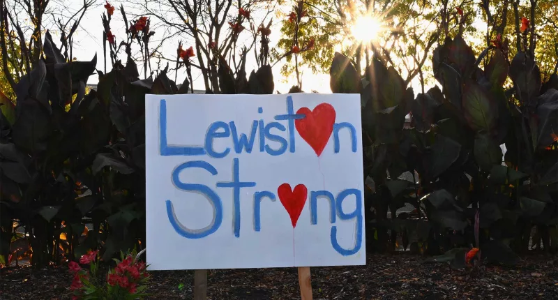A sign reading Lewiston strong after the Lewiston Maine Shooting