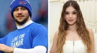 (L) Josh Allen of the Buffalo Bills, who has a higher net worth than his girlfriend warms up before a game, (R) Hailee Steinfeld participates in the Core Hydration panel in New York City