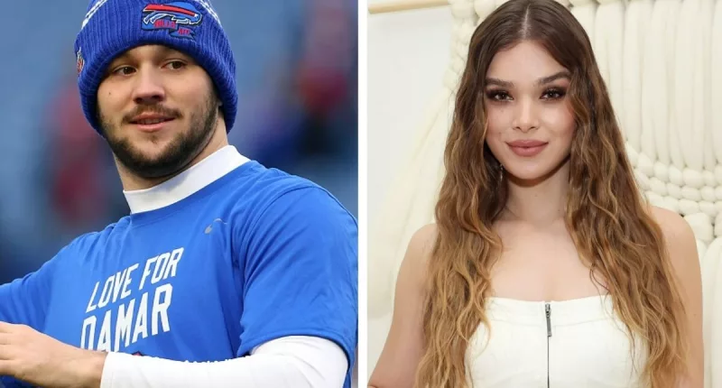 (L) Josh Allen of the Buffalo Bills, who has a higher net worth than his girlfriend warms up before a game, (R) Hailee Steinfeld participates in the Core Hydration panel in New York City