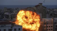 Fire and smoke rises following an Israeli airstrike in Gaza City