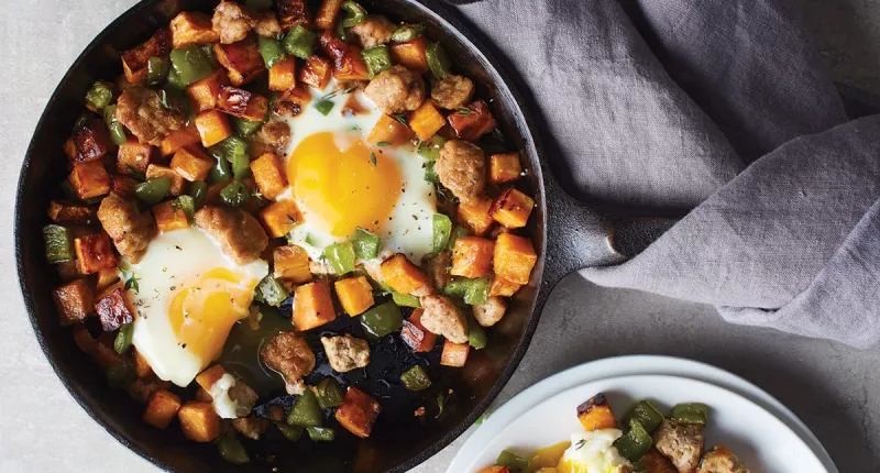 turkey sweet potato breakfast hash in cast iron skillet