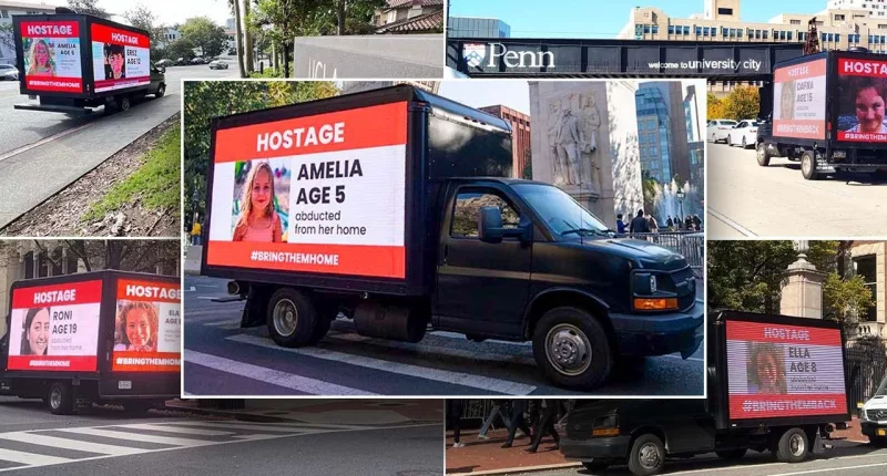 Child hostages from Israel center of mobile ad war at woke campuses across America