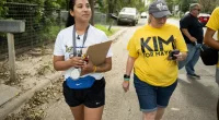 Uvalde mayoral candidate Kimberly Mata-Rubio, left, and campaign manager Dr. Laura Barberena, canvass a neighborhood in support of Mata-Rubio