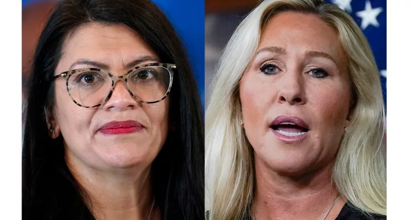 This combo image shows Rep. Rashida Tlaib, D-Mich., Feb. 18, 2022, left, and Rep. Marjorie Taylor Greene, R-Ga., May 18, 2023, right. The House is expected to consider resolutions that would censure Tlaib and Greene in a partisan tit-for-tat over inflammatory rhetoric. (AP Photo/File)