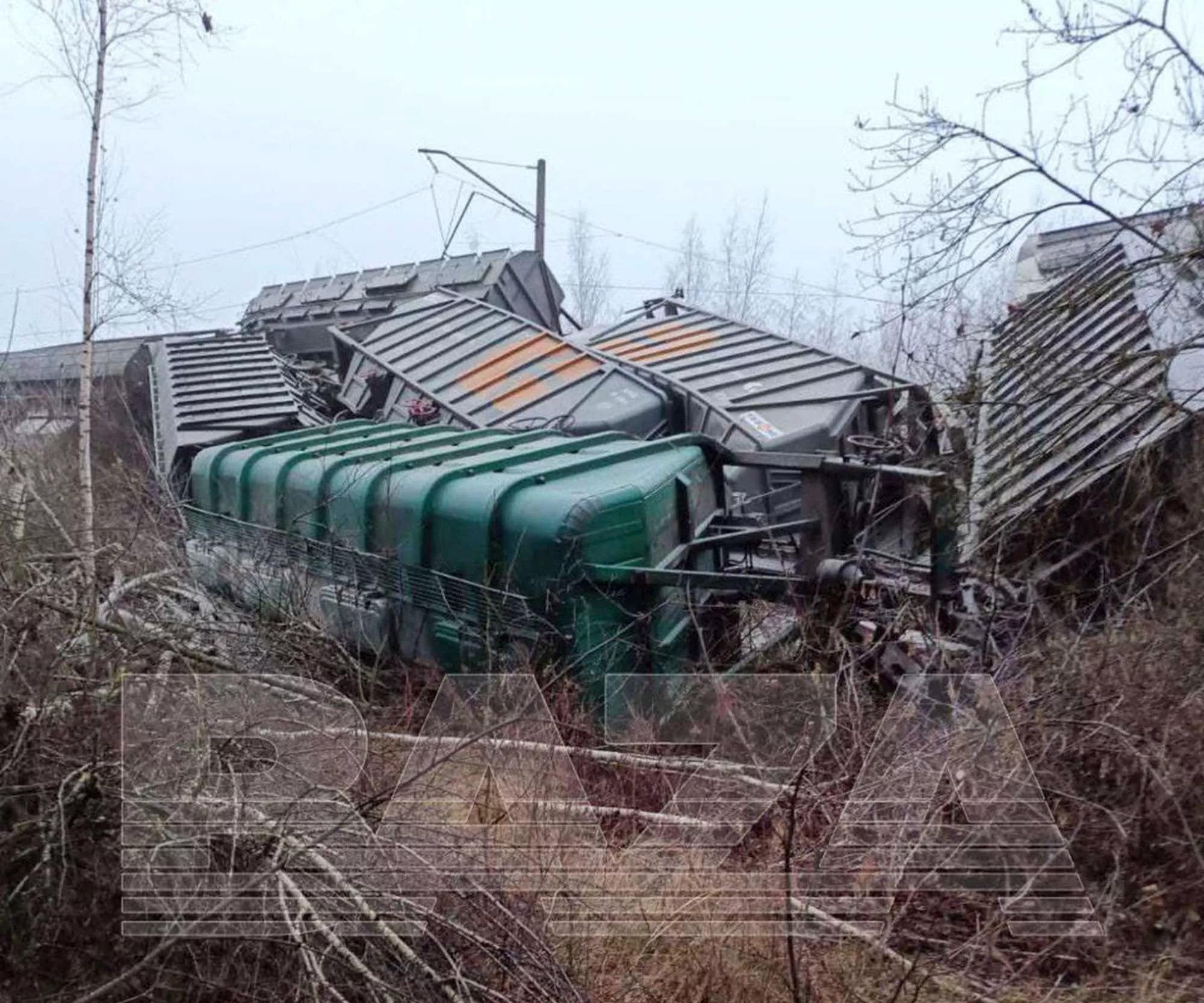 The site of the overturned cargo trains that were carrying a mysterious white powder