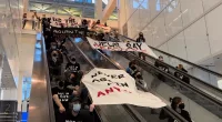 Israel-Palestine ceasefire activists block ESCALATORS of Chicago tower