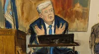 In this courtroom sketch, former President Donald Trump testifies on the witness stand in New York Supreme Court, Monday, Nov. 6, 2023, in New York. (Elizabeth Williams via AP)