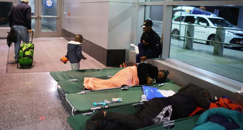 Migrants move into Boston's AIRPORT as city runs out of beds for them