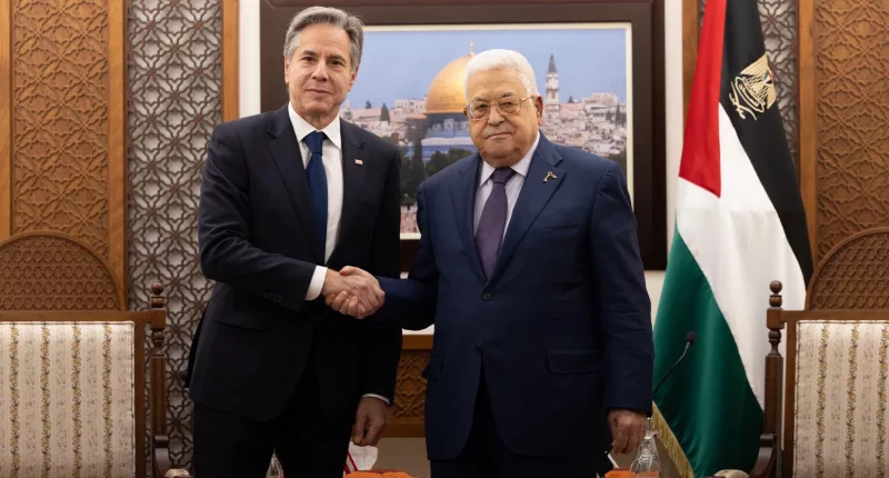 Palestine President Mahmoud Abbas, right, pictured with US Secretary of State Anthony Blinken