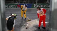 Oil spill seen on the track after drivers parade at Las Vegas GP