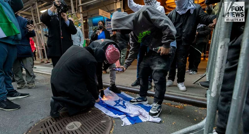 Pro-Palestinian protesters light Israel flag on fire in New York City, trample flyers for Hamas terror victims