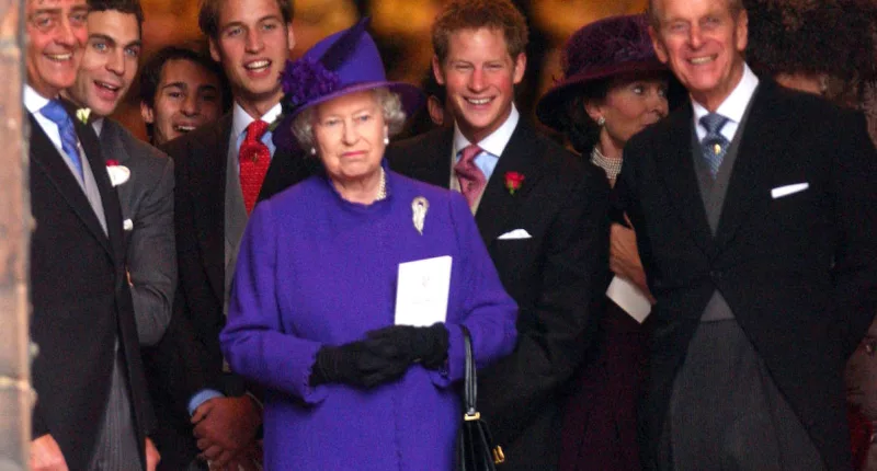 Queen Elizabeth II, Prince William, Prince Harry, and Prince Philip at a 2004 society wedding Queen Camilla was also invited to attend