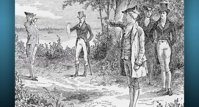 An illustration of the duel between Alexander Hamilton and Aaron Burr