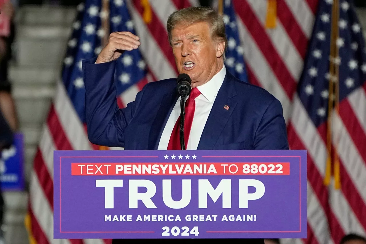 FILE - Republican presidential candidate, former President Donald Trump speaks during a campaign rally, July 29, 2023, in Erie, Pa. Trump is already laying a sweeping set of policy goals should he win a second term as president. Priorities on the Republican