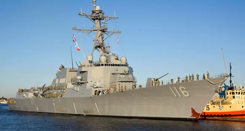 The USS Thomas Hudner (pictured) shot down Houthi Kamikaze drones in the Red Sea on Wednesday