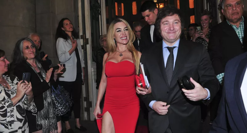 President-elect Javier Milei leaves the Teatro Colon opera house with his girlfriend, Fatima Florez, in Buenos Aires, Argentina, on Friday, November 17, 2023