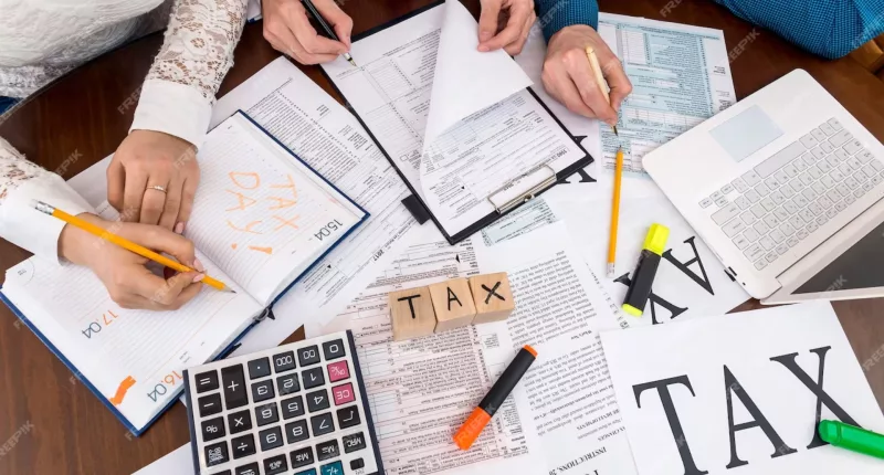 a picture of a teamwork in office, tax text written