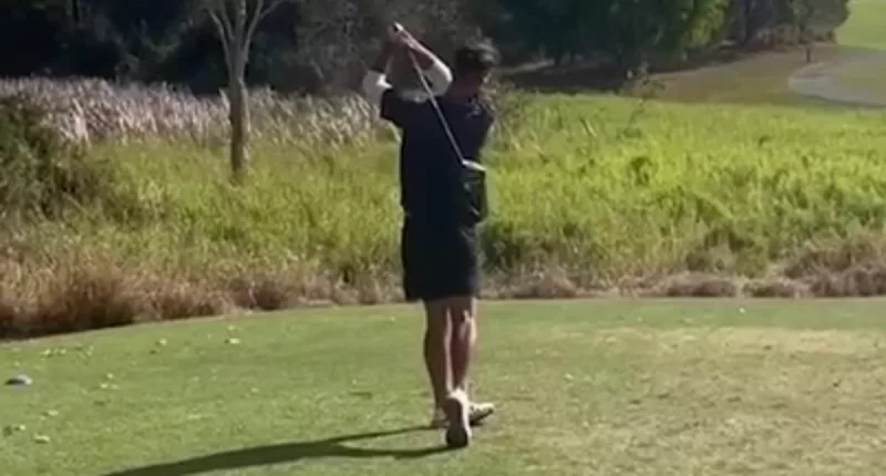 Don't look behind you! Golfer shows nerves on steel from the tee as two male pythons fight for the right to mate just metres away