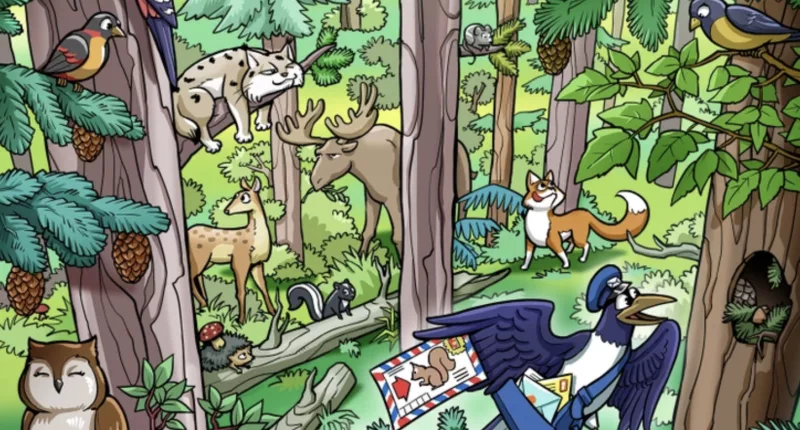 Scan the picture quickly for the small animal, but be careful to not get distracted by the other forest-dwelling animals