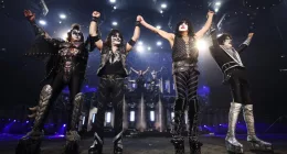 NEW YORK, NEW YORK - DECEMBER 02:  Gene Simmons, Eric Singer, Paul Stanley and Tommy Thayer of KISS take final bow  during the final show of KISS: End of the Road World Tour at Madison Square Garden on December 02, 2023 in New York City. (Photo by Kevin Mazur/Getty Images for Live Nation)