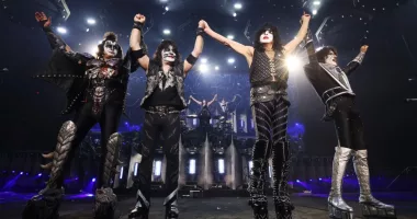 NEW YORK, NEW YORK - DECEMBER 02:  Gene Simmons, Eric Singer, Paul Stanley and Tommy Thayer of KISS take final bow  during the final show of KISS: End of the Road World Tour at Madison Square Garden on December 02, 2023 in New York City. (Photo by Kevin Mazur/Getty Images for Live Nation)