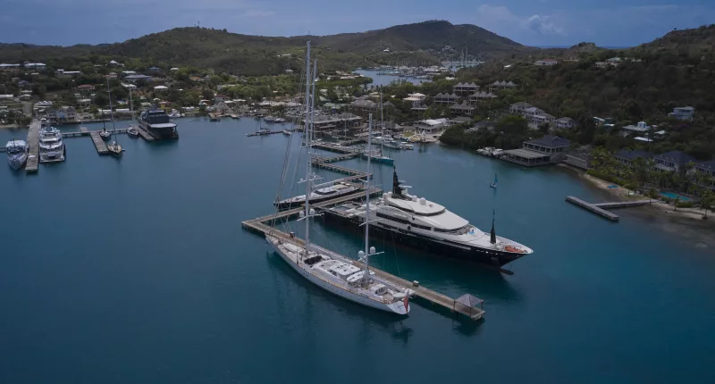 Superyacht Alfa Nero pictured docked in Falmouth Harbour, Antigua, in April