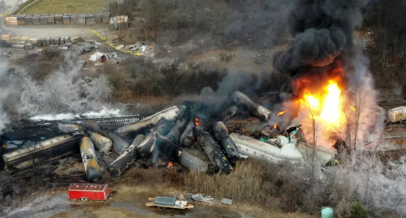 FILE - Portions of a Norfolk Southern freight train that derailed the night before burn in East Palestine, Ohio, Feb. 4, 2023. Norfolk Southern railroad announced on Tuesday, Dec. 4, plans to stop paying relocation aid to people displaced by the derailment right after the one-year anniversary of the crash. Railroad officials reiterated their long-term commitment to helping the town of East Palestine and the surrounding area recover. (AP Photo/Gene J. Puskar, File)