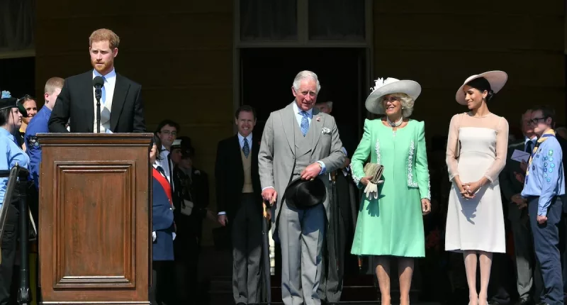 Prince Harry with King. Charles, Camilla Parker Bowles, and Meghan Markle